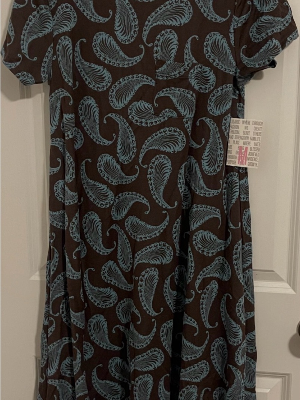 LuLaRoe Carly Brown Dress with Blue Paisley Print High Low